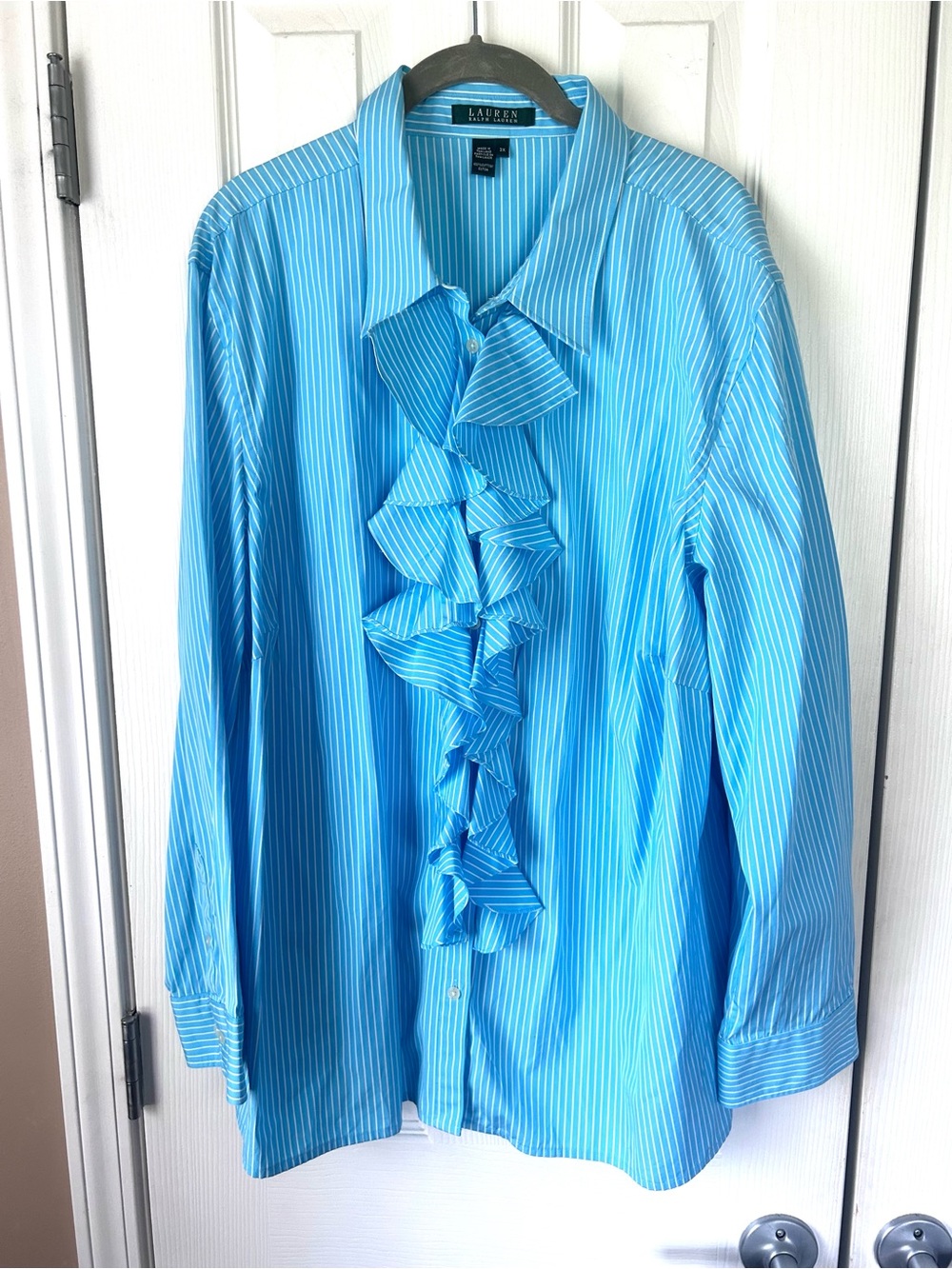 Lauren Ralph Lauren Blue White Pinstripe Ruffle Button Front Shirt 3X